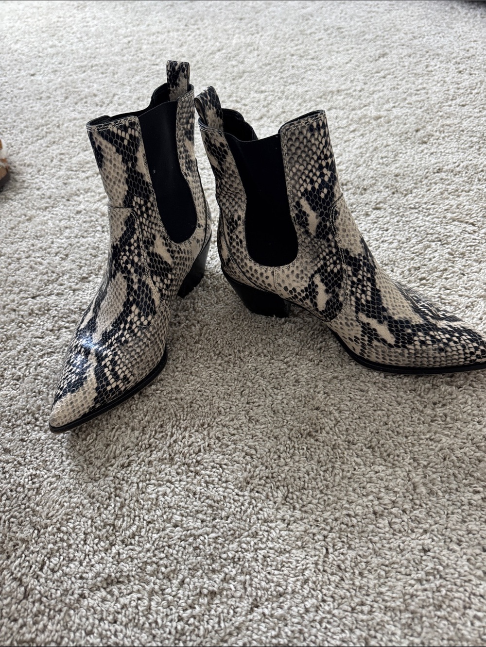 PAIGE Black & Cream Snake-Print Pointed Ankle Booties